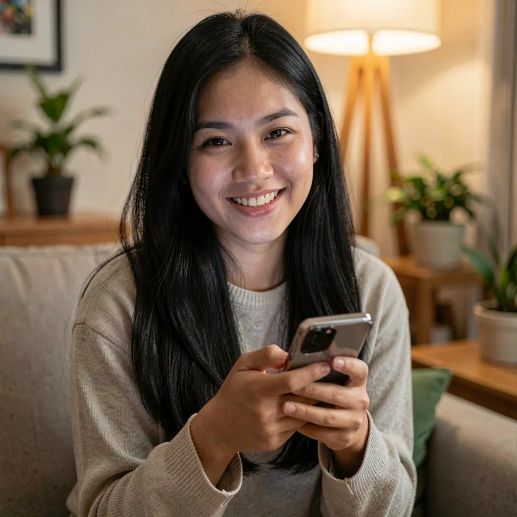 Young Filipino woman smiling while using the N5N5 casino app on her smartphone in a warm and comfortable indoor setting