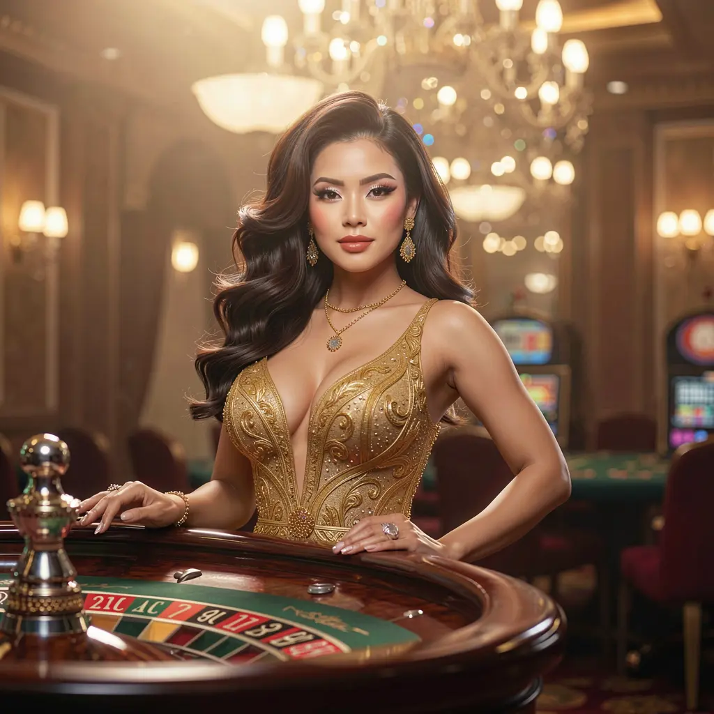 N5N5 – Enjoy a stylish and immersive online casino atmosphere in the Philippines Elegant female player in a luxurious casino setting with a roulette table and golden lights representing the premium gaming experience at N5N5 for players in the Philippines