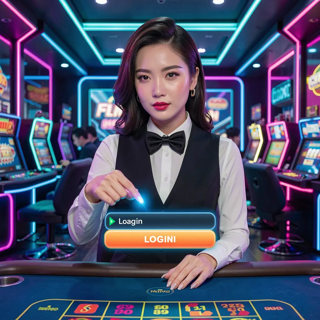 N5N5 Login – Enter your account and start playing today Stylish N5N5 casino host from the Philippines pointing at a glowing virtual login button in a modern digital casino setting